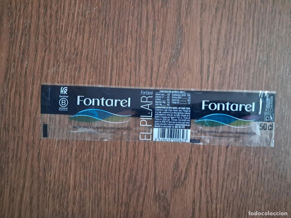 Otras botellas y bebidas antiguas de colecci&oacute;n: etiqueta de botella de agua de pl&aacute;stico, agua mineral natural de Fontarel, El Pilar, Andalucia.50 cl