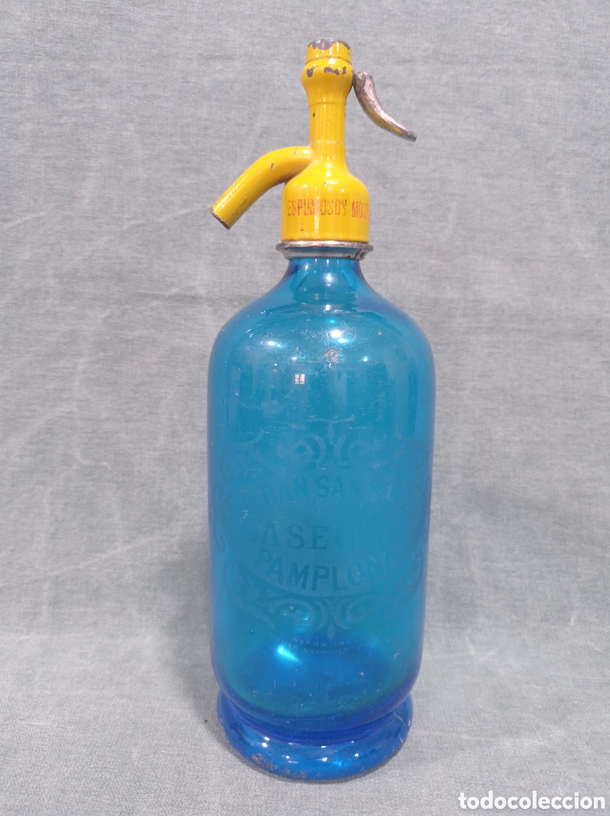 Otras botellas y bebidas antiguas de colecci&oacute;n: ANTIGUO SIF&Oacute;N GASEOSAS ESTEBAN SAN ROM&Aacute;N - PAMPLONA - GRABADO AL &Aacute;CIDO - AZUL