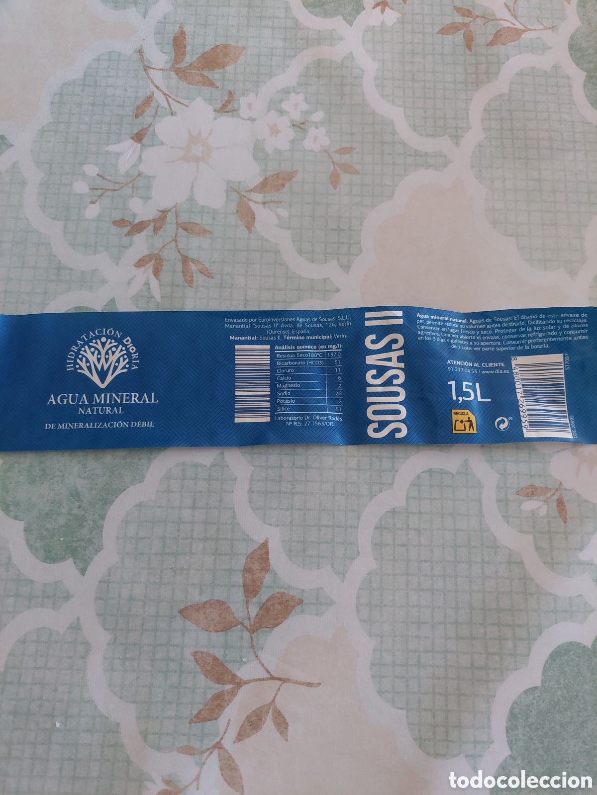 Otras botellas y bebidas antiguas de colecci&oacute;n: ETIQUETA AGUA MINERAL NATURAL SOUSAS 1 5 L. OURENSE GALICIA