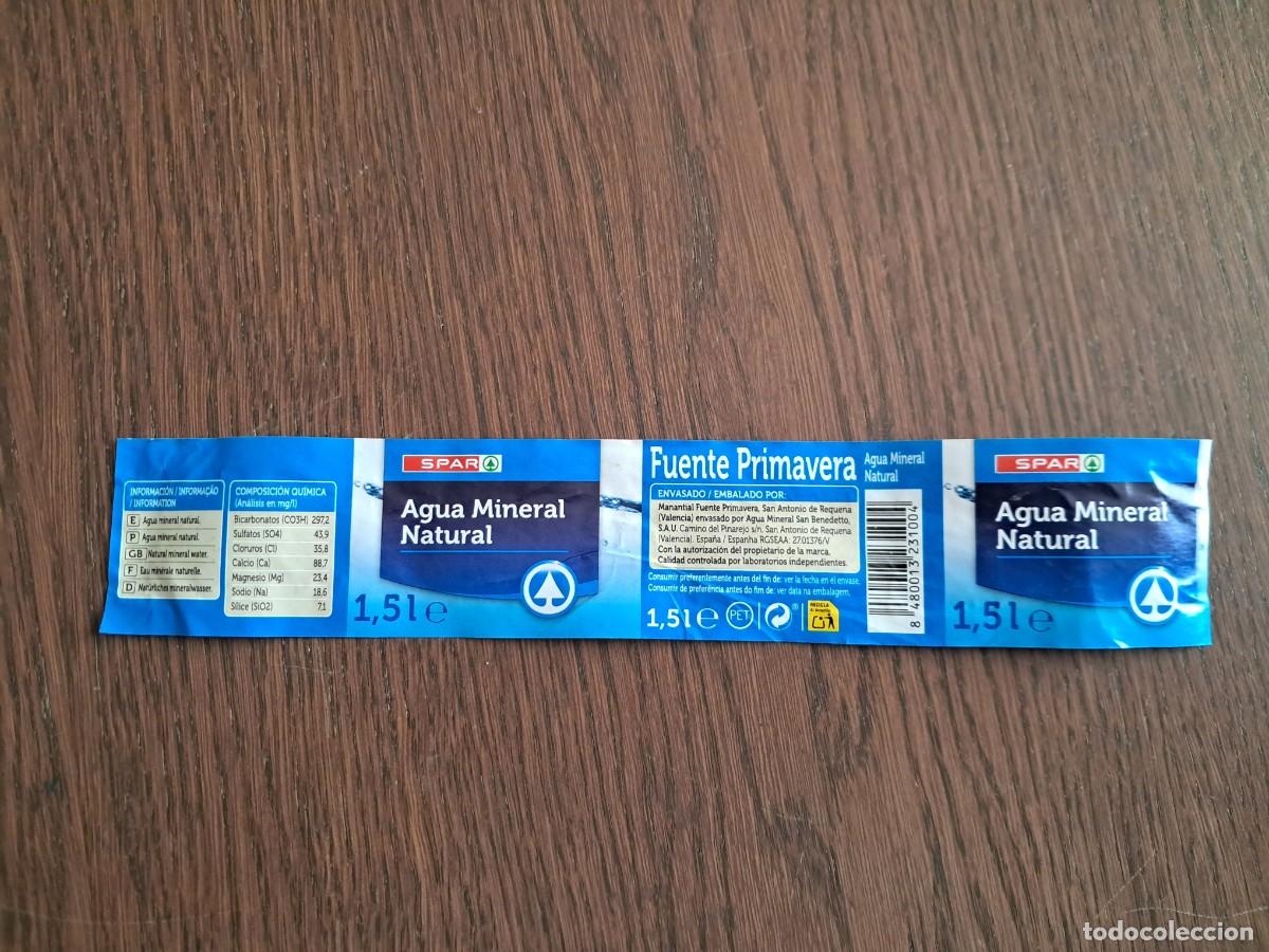 Otras botellas y bebidas antiguas de colecci&oacute;n: etiqueta de botella de agua mineral, fuente primavera, spar. 1.5 litros.