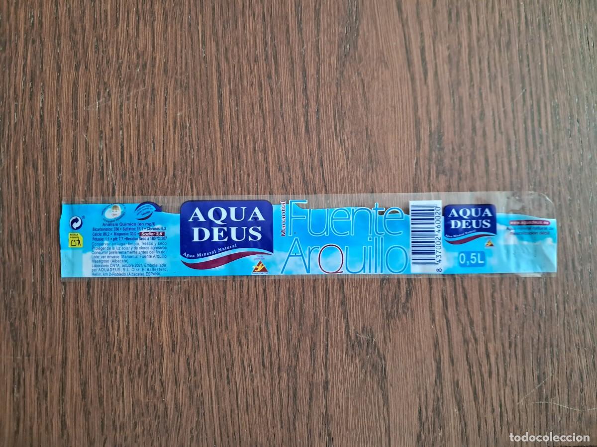 Otras botellas y bebidas antiguas de colecci&oacute;n: etiqueta de botella de agua mineral, aqua deus, fuente arquillo, 0.5 litros.