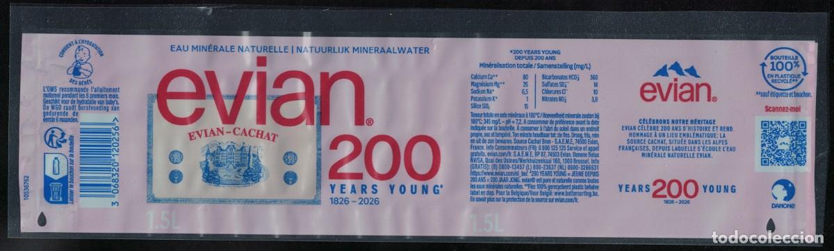 Otras botellas y bebidas antiguas de colecci&oacute;n: Francia Etiquette Eau Min&eacute;rale Naturelle Evian Cachat 200 Years Young RP599