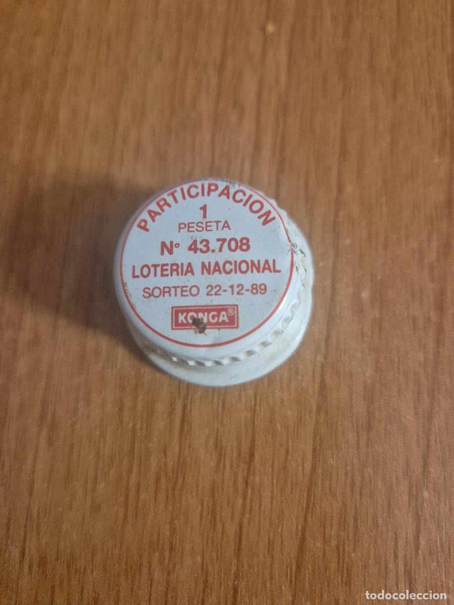 Otras botellas y bebidas antiguas de colecci&oacute;n: TAPON ROSCA KONGA PARTICIPACION 1 PESETA N&ordm; 43.708 LOTERIA NACIONAL SORTEO 22-12-89.