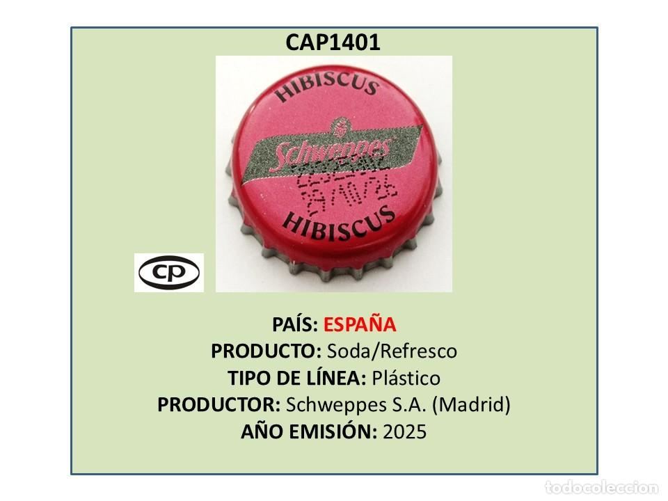 Otras botellas y bebidas antiguas de colecci&oacute;n: TAPON CORONA CAPSULA CHAPA SODA/REFRESCO T&Oacute;NICA SCHWEPPES HIBISCUS (ESPA&Ntilde;A)