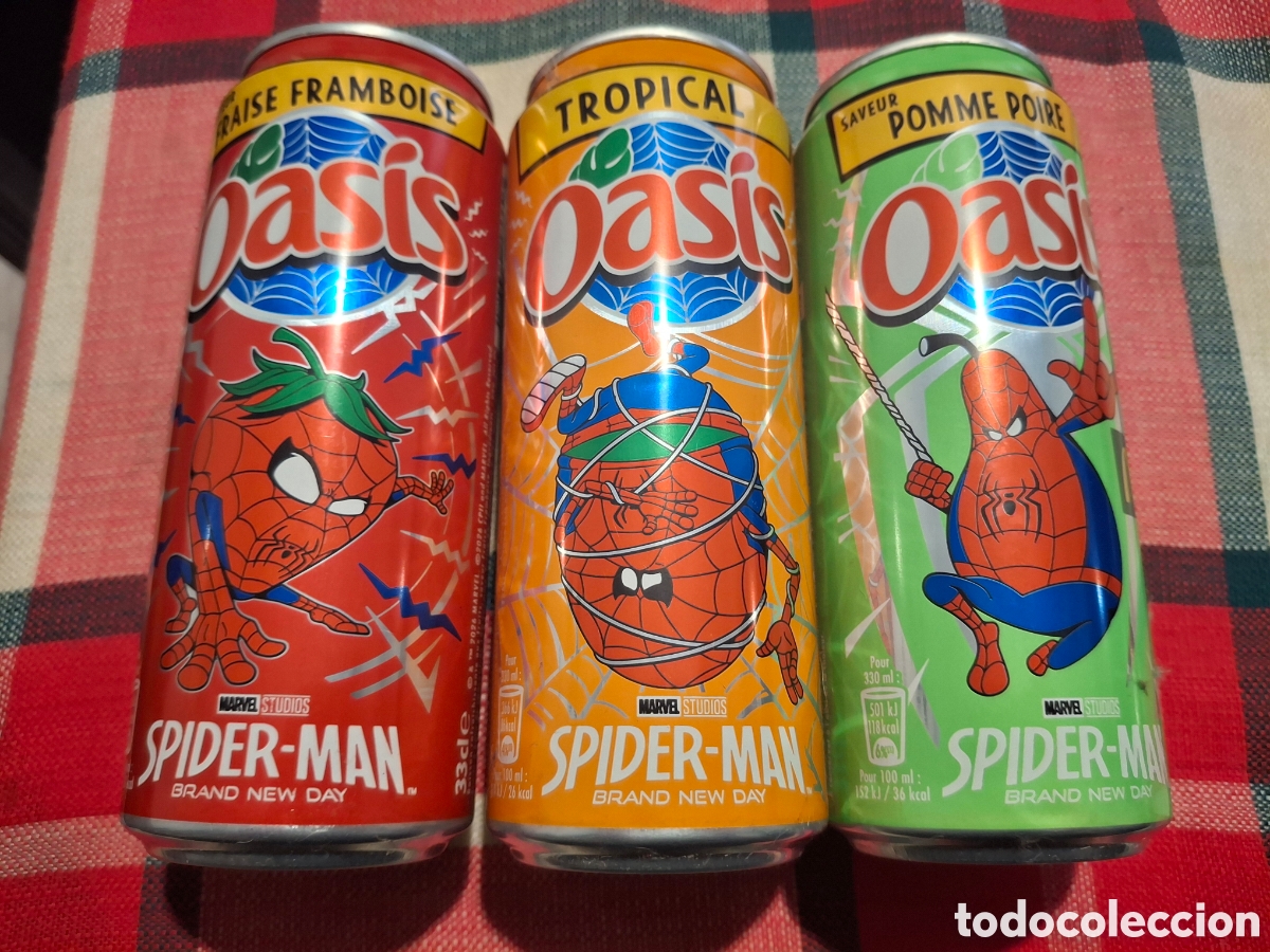 Otras botellas y bebidas antiguas de colecci&oacute;n: Lote tres latas (vacias) - Oasis - Promocion Spider-man Brand New Day - Marvel