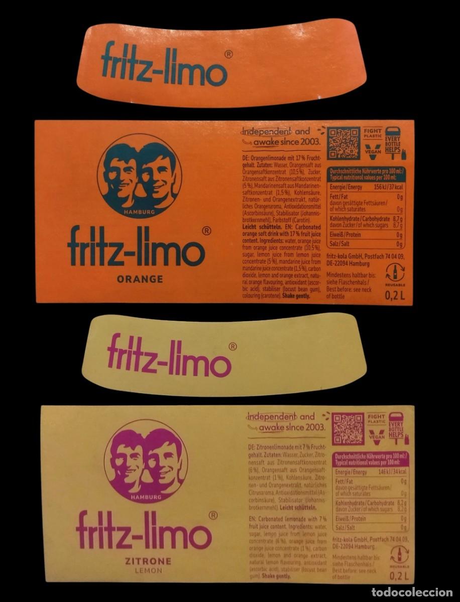 Otras botellas y bebidas antiguas de colecci&oacute;n: 2 JUEGOS DE ETIQUETAS FRITZ-LIMO. REFRESCO DE NARANJA Y LIM&Oacute;N.