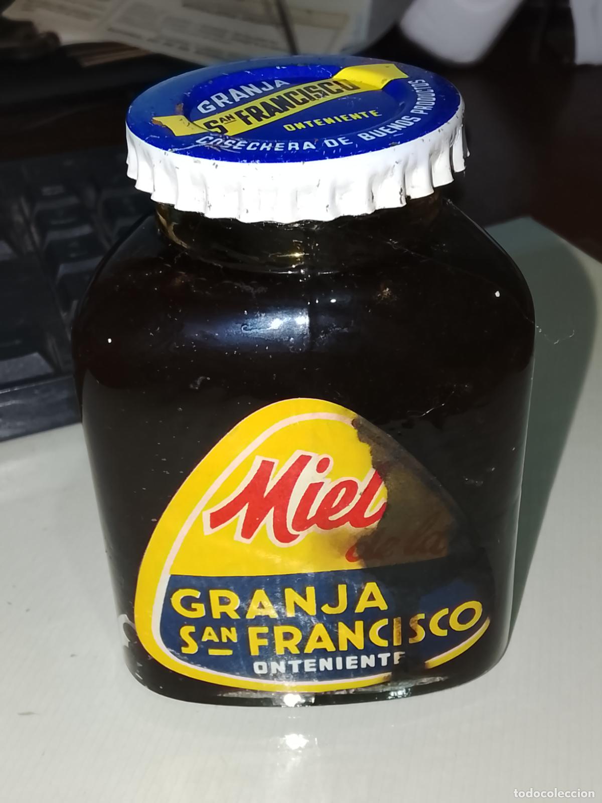 Sammeln andere Flaschen und Getr&auml;nke: FRASCO TRIANGULAR MIEL GRANJA SAN FRANCISCO-ONTENIENTE-SIN ABRIR CHAPA CORONA-A&Ntilde;OS 50