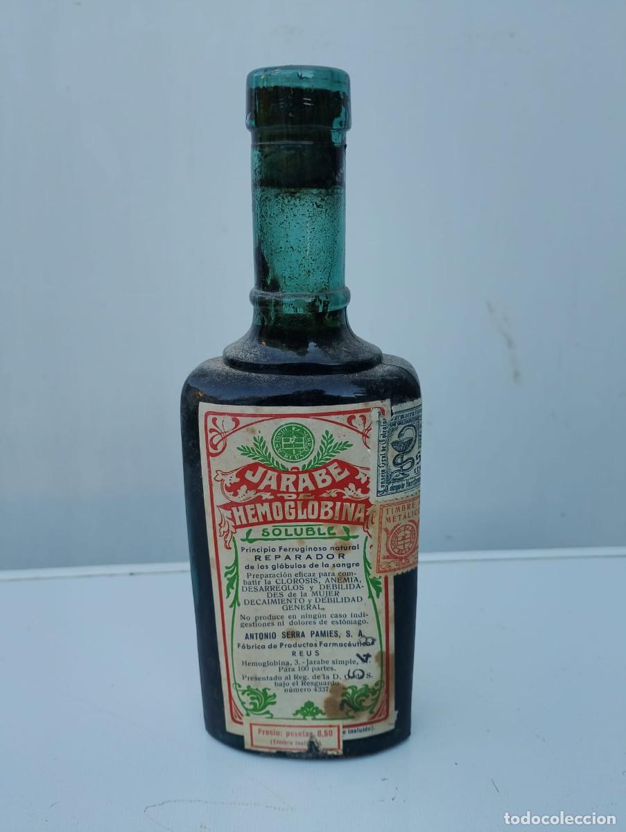 Otras botellas y bebidas antiguas de colecci&oacute;n: Jarabe de Hemoglobina. Reparador Sangre. Reus. Botella procedente de almac&eacute;n de farmacia antigua