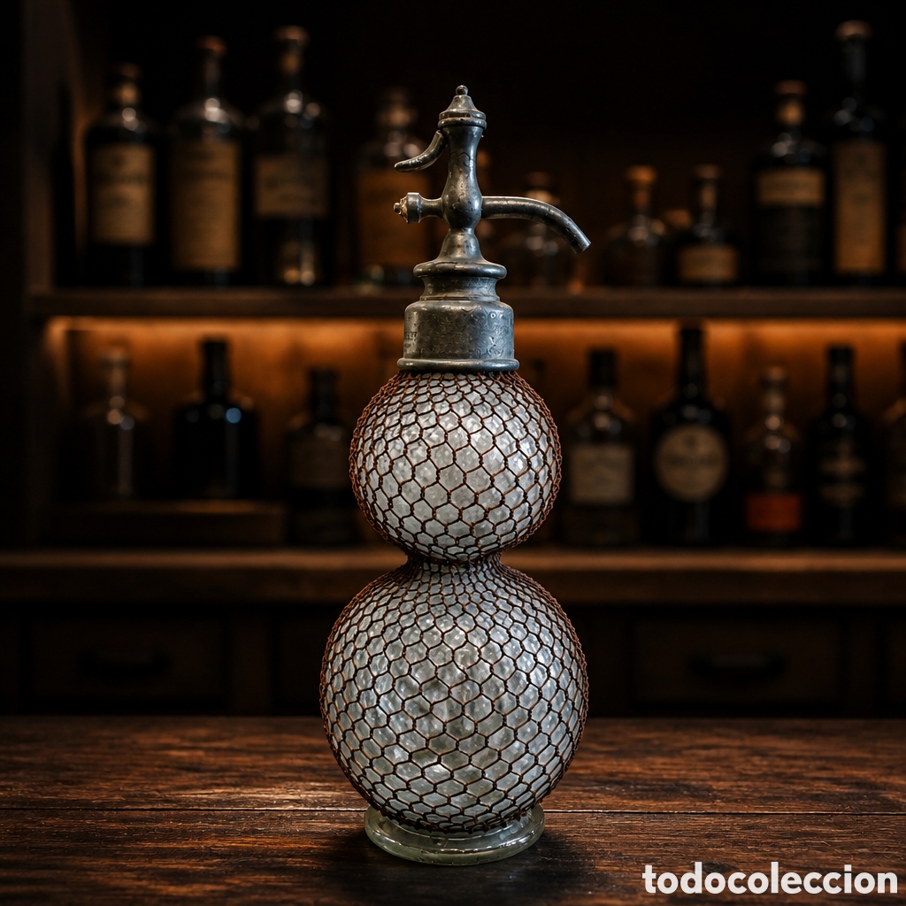 Otras botellas y bebidas antiguas de colecci&oacute;n: SIF&Oacute;N DE DOS BOLAS CON MALLA MET&Aacute;LICA.