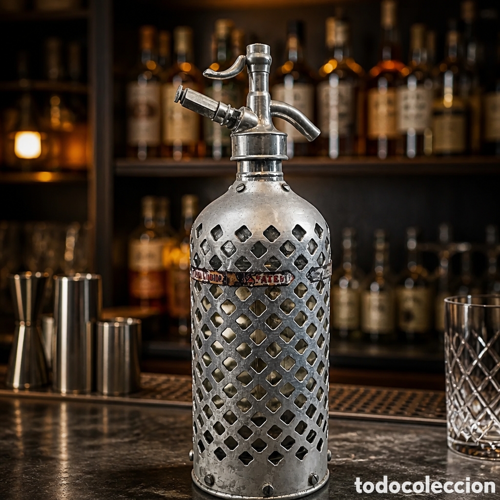 Otras botellas y bebidas antiguas de colecci&oacute;n: ANTIGUO SIF&Oacute;N CON CUBIERTA MET&Aacute;LICA.