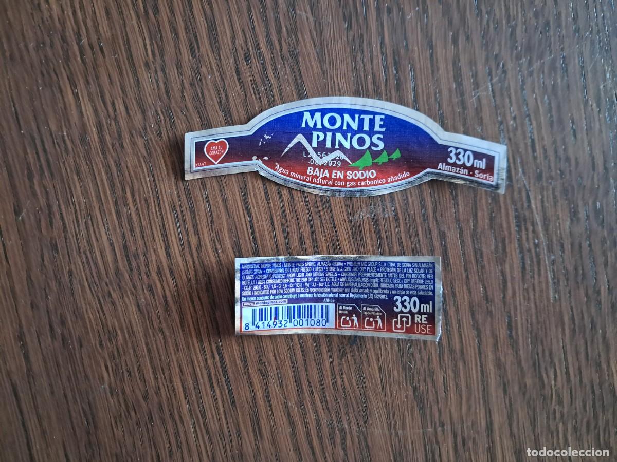 Otras botellas y bebidas antiguas de colecci&oacute;n: etiquetas de agua mineral con gas, monte pinos. Almaz&aacute;n, Soria. 330 ml.