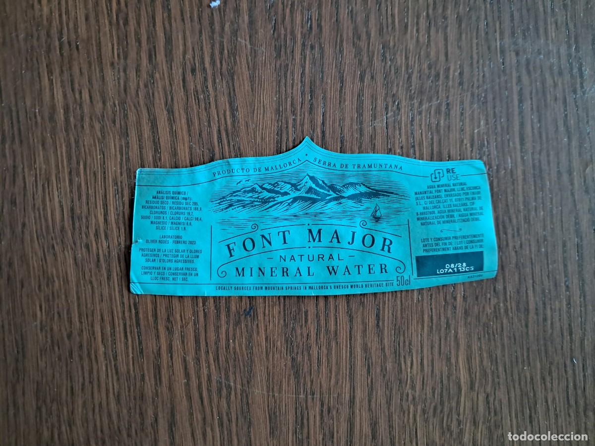 Otras botellas y bebidas antiguas de colecci&oacute;n: etiqueta de agua mineral Font Major, Serra de tramuntana, Mallorca, 50 cl.