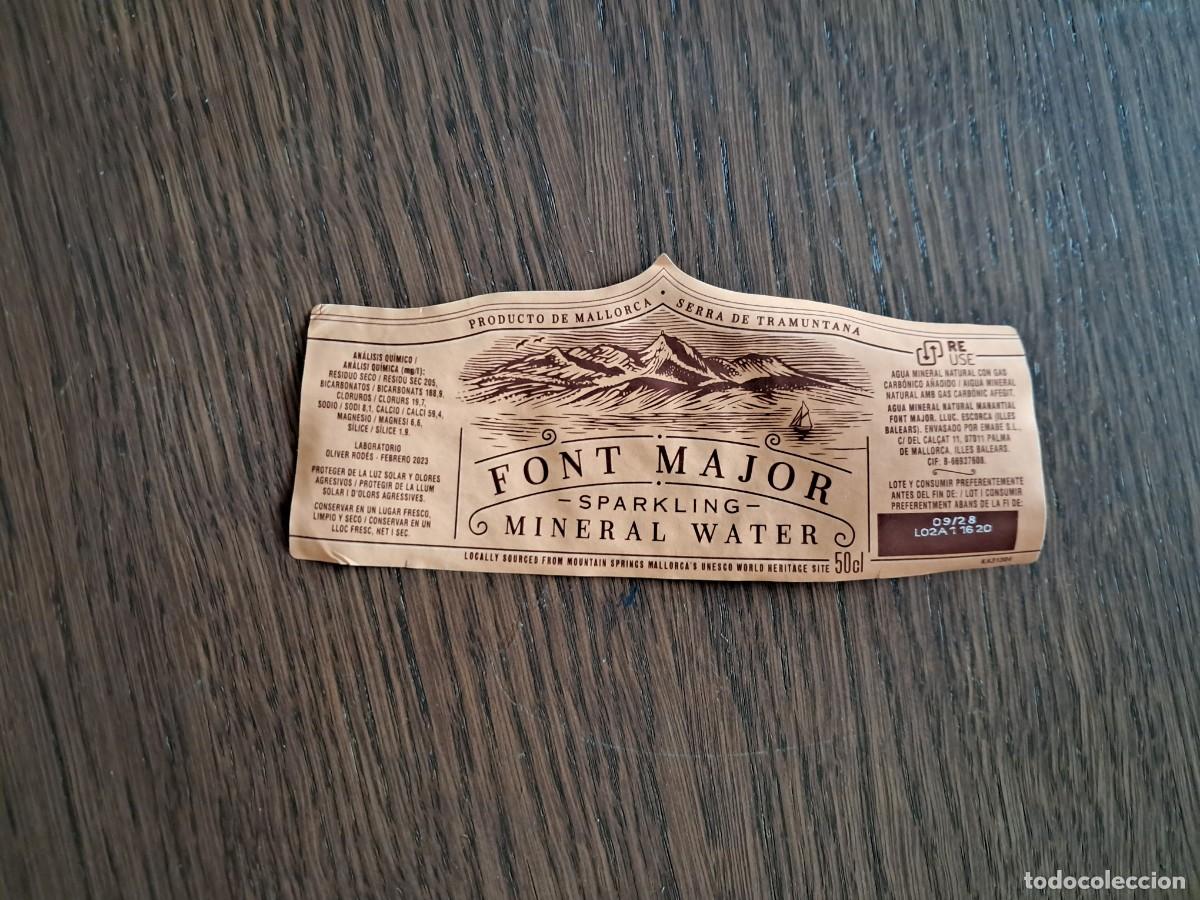 Otras botellas y bebidas antiguas de colecci&oacute;n: etiqueta de agua mineral con gas, Font Major, Serra de tramuntana, Mallorca, 50 cl.