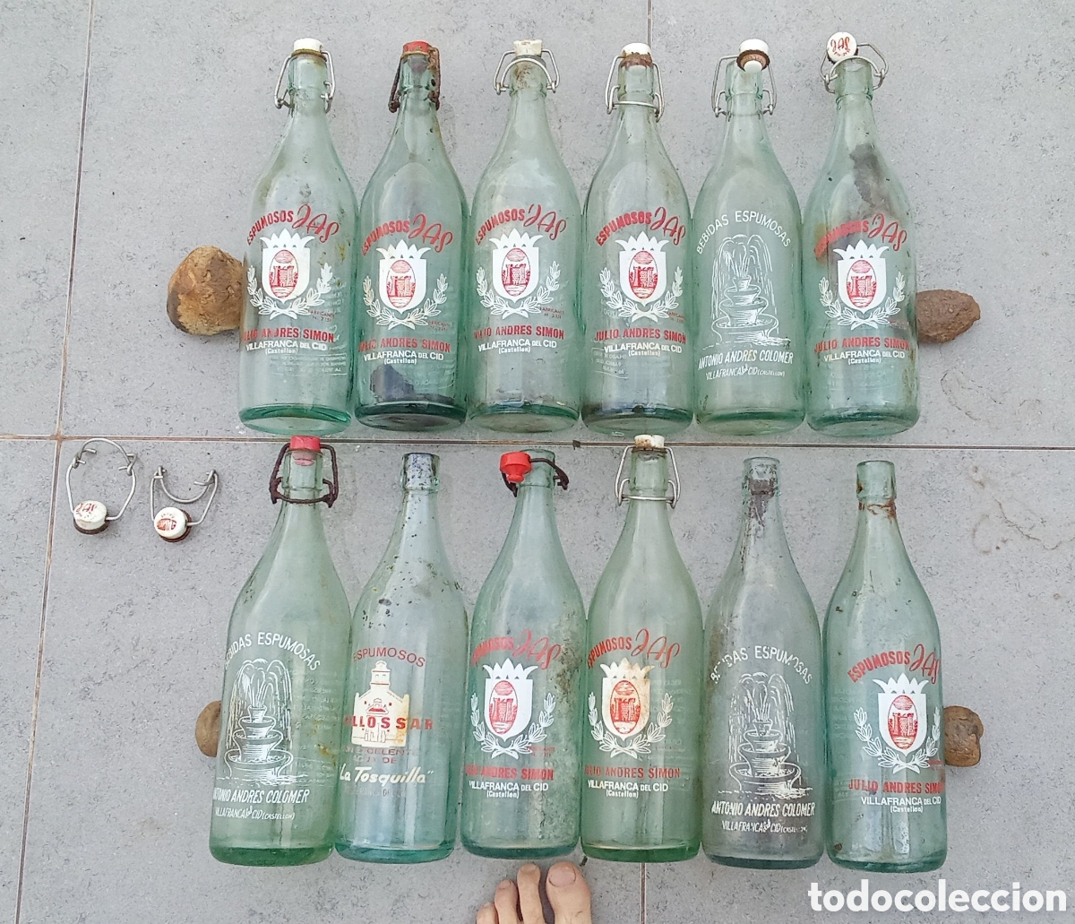 Otras botellas y bebidas antiguas de colecci&oacute;n: Lote 12 botellas ESPUMOSOS / GASEOSAS. Villafranca del Cid / Vilafranca del Cid (Castell&oacute;n).