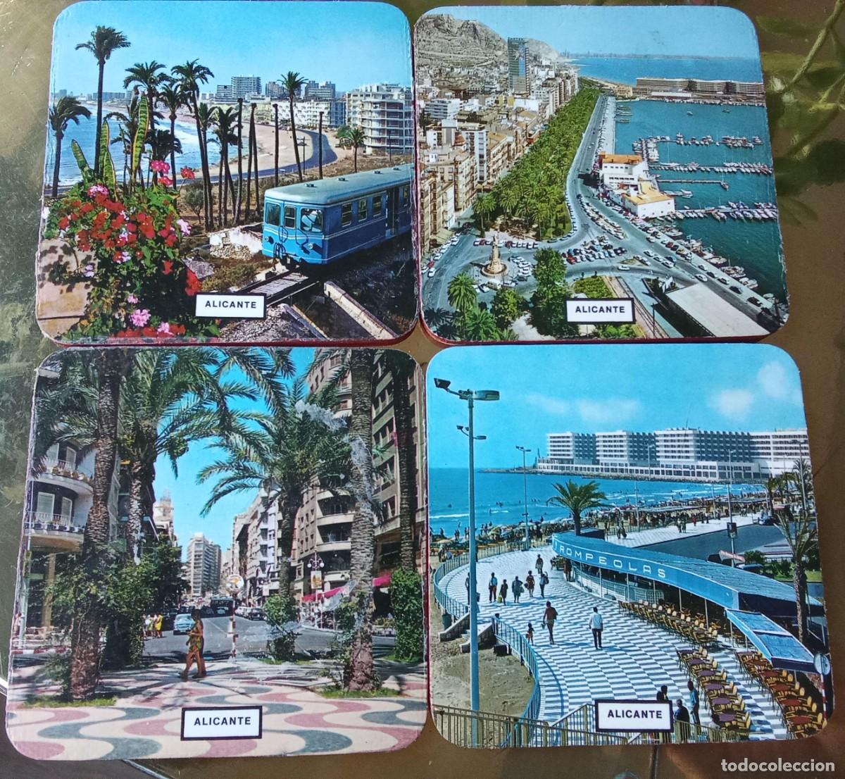 Otras botellas y bebidas antiguas de colecci&oacute;n: 4 Posavasos madera vintage con vistas de la ciudad de Alicante 9,5x9,5 cm