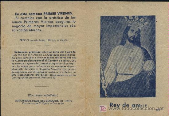 Otros art&iacute;culos de coleccionismo en papel: Rey de amor / Hoja propagand&iacute;stica Misioneras del Sagrado Coraz&oacute;n