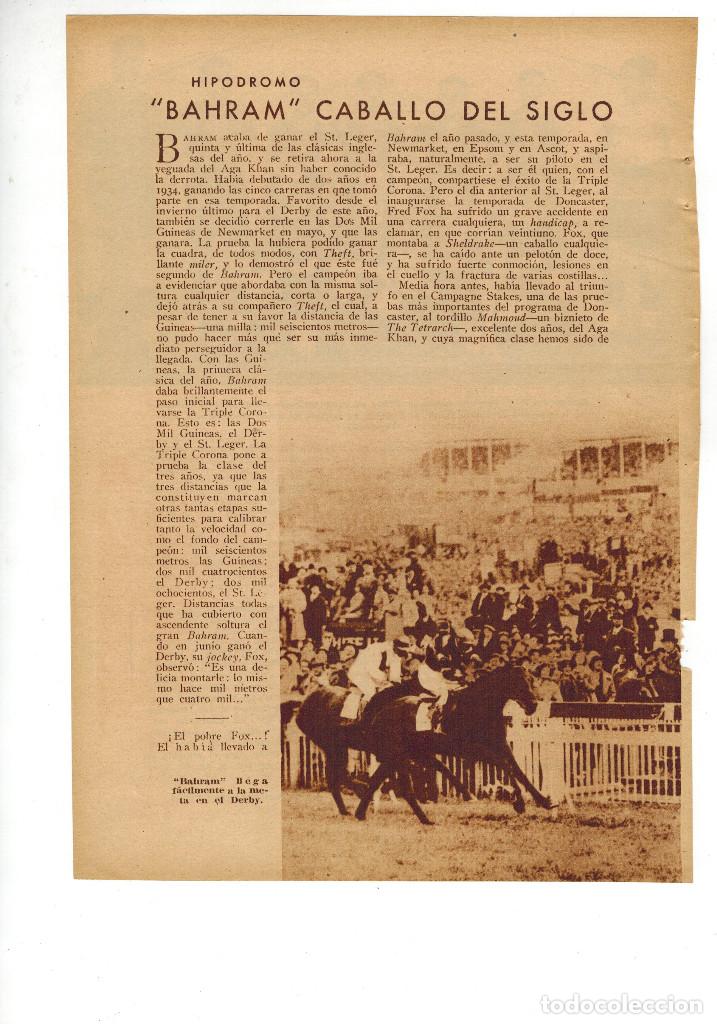 Otros Art&iacute;culos de Coleccionismo en Papel: A&Ntilde;O 1935 RECORTE PRENSA DEPORTES HIPICA CABALLOS DE CARRERAS BAHRAM CABALLO DEL SIGLO