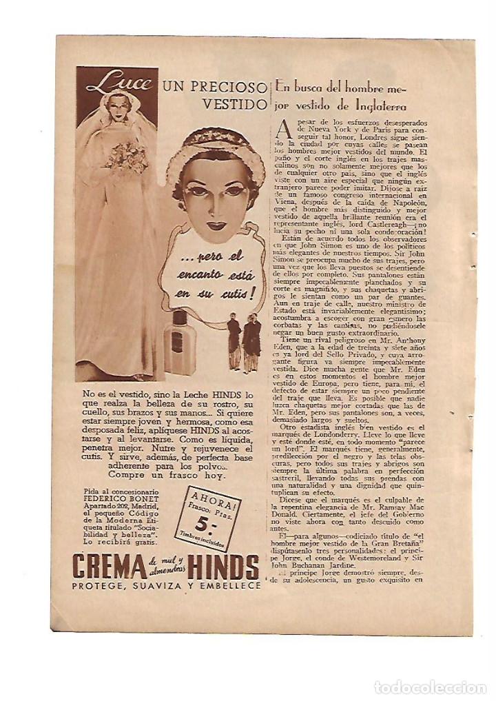 Outros artigos de papel: A&Ntilde;O 1935 RECORTE PRENSA PUBLICIDAD COSMETICA CREMA HINDS LABORATORIO FEDERICO BONET