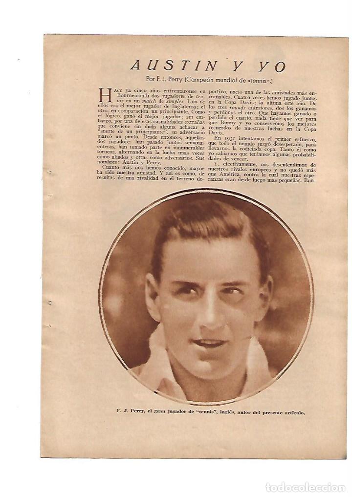 Outros artigos de papel: A&Ntilde;O 1935 RECORTE PRENSA DEPORTES TENIS BUNNY AUSTIN TENISTA BRITANICO