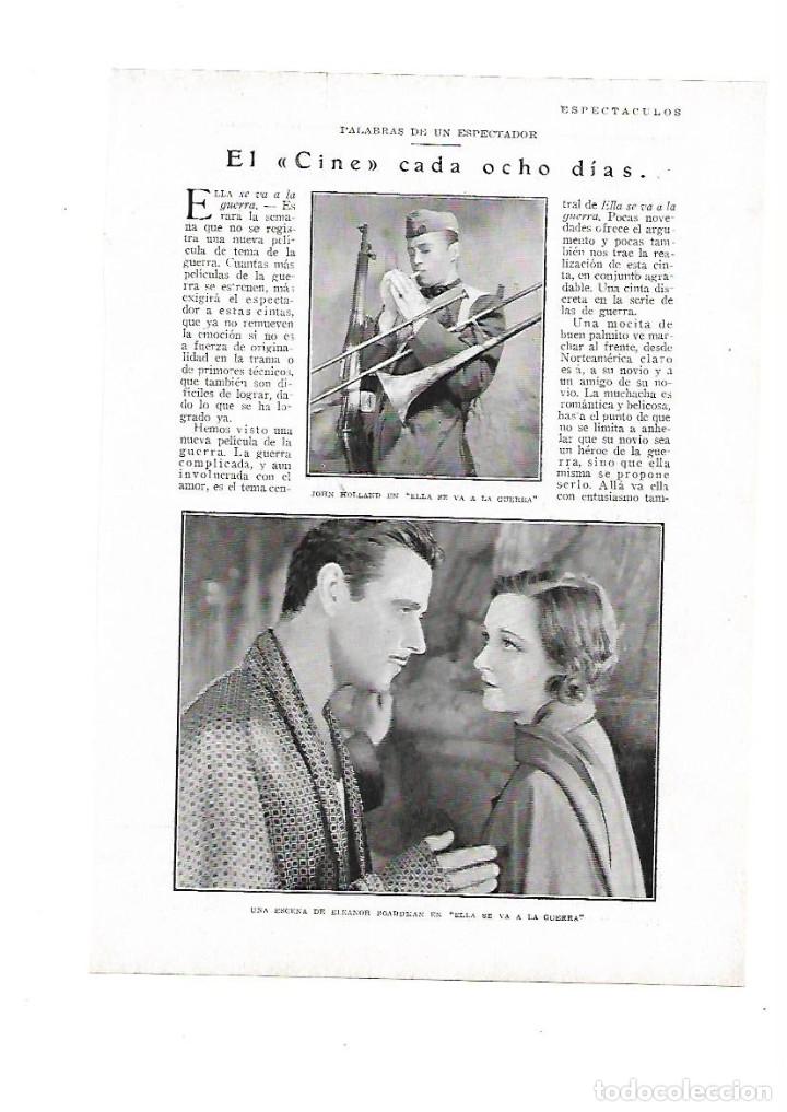Otros art&iacute;culos de coleccionismo en papel: A&Ntilde;O 1929 RECORTE PRENSA CINE PELICULA ELLA SE VA A LA GUERRA ELEANOR BOARDMAN ALMAS NEGRAS