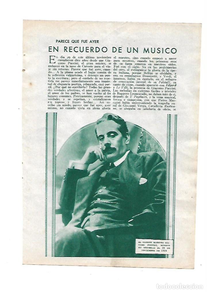 Otros Art&iacute;culos de Coleccionismo en Papel: A&Ntilde;O 1934 RECORTE PRENSA MUSICA EN RECUERDO DEL MUSICO GIACOMO PUCCINI OPERA