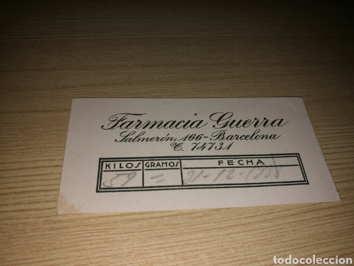 Altri oggetti di carta: Tarjeta de peso de b&aacute;scula de la Farmacia Guerra de Barcelona. 1938. Guerra Civil