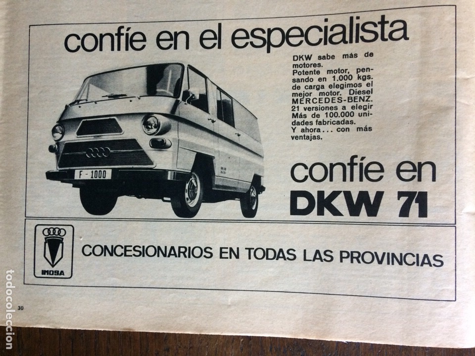 Collectionnisme Papier divers: Publicidad Furgoneta dkw de 1971