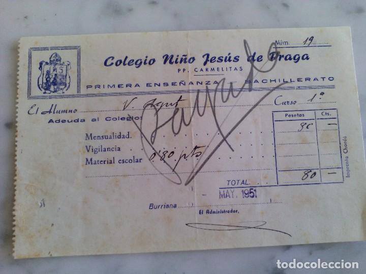 Otros art&iacute;culos de coleccionismo en papel: recibo  de pago al colegio ni&ntilde;o jesus de praga P.P. carmelitas a&ntilde;o 1951