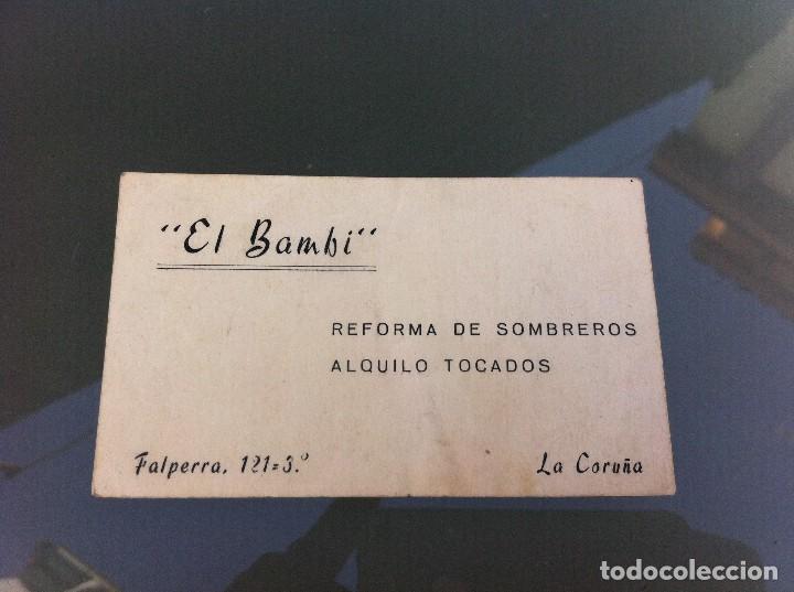 Sammelleidenschaft Andere Papierartikel: TARJETA COMERCIAL (EL BAMBI. REFORMA DE SOMBREROS. ALQUILO TOCADOS) CORU&Ntilde;A. 10 x 6cm