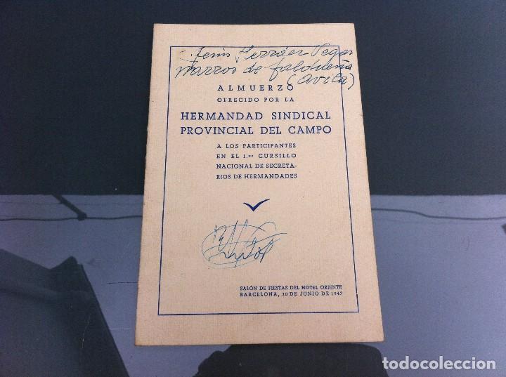 Sammelleidenschaft Andere Papierartikel: MEN&Uacute;-ALMUERZO OFRECIDO POR LA HERMANDAD SINDICAL PROVINCIAL DEL CAMPO... 1947, BARCELONA.