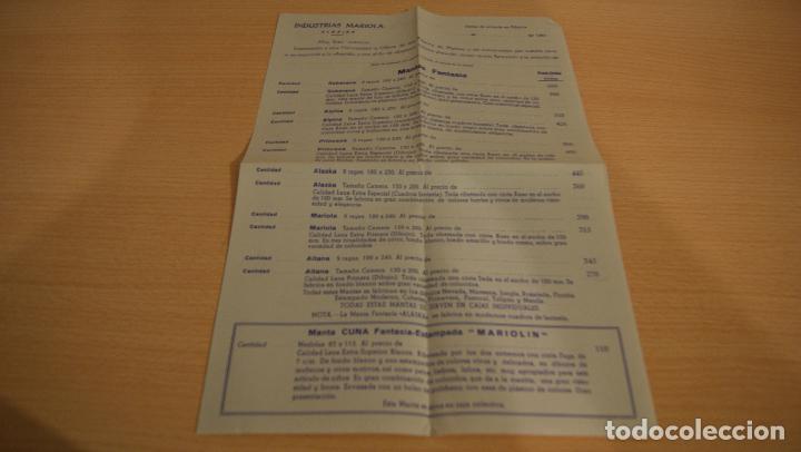 Otros art&iacute;culos de coleccionismo en papel: Lista de precios de mantas Industrias Mariola Albaida a&ntilde;o 1967