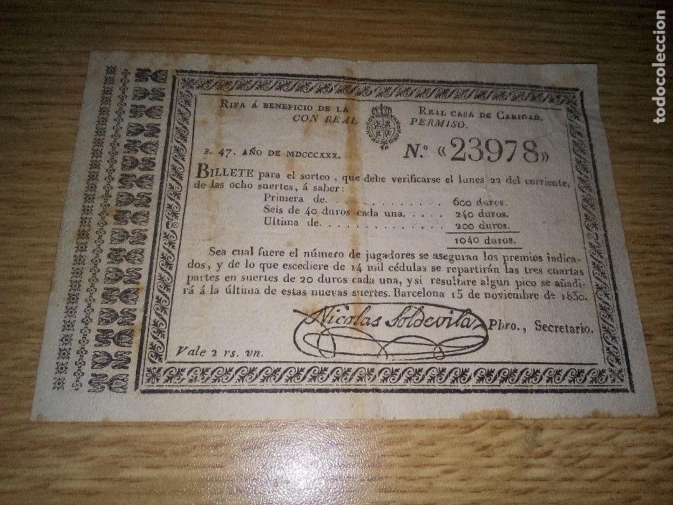 Otros Art&iacute;culos de Coleccionismo en Papel: LOTERIA RIFA A BENEFICIO DE LA REAL CASA DE CARIDAD 15 Noviembre 1830. BARCELONA