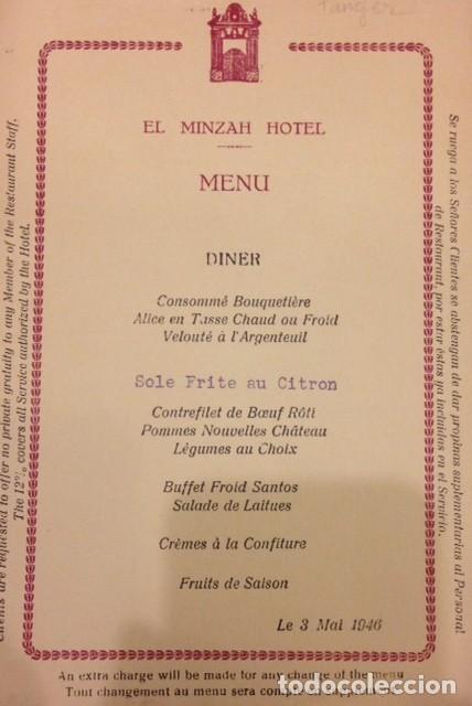Otros art&iacute;culos de coleccionismo en papel: MENU DINER,  EL MINZAH HOTEL TANGER