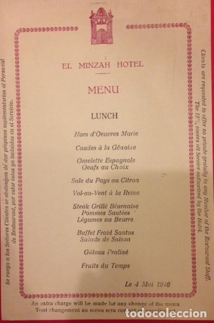 Otros art&iacute;culos de coleccionismo en papel: MENU LUNCH EL MINZAH HOTEL TANGER 4 MAI 1946