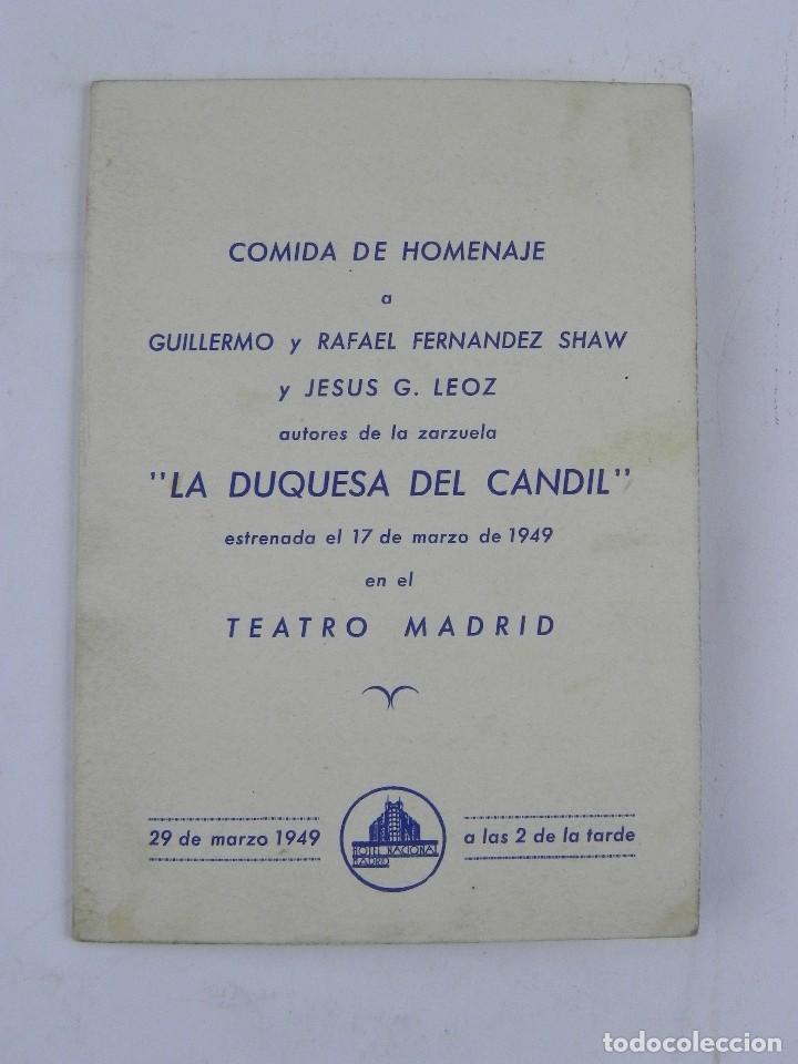 Sammelleidenschaft Andere Papierartikel: MENU DEL HOTEL NACIONAL MADRID, COMIDA DE HOMENAJE A GUILLERMO Y RAFAEL FERNANDEZ SHAW Y JESUS G.LEO