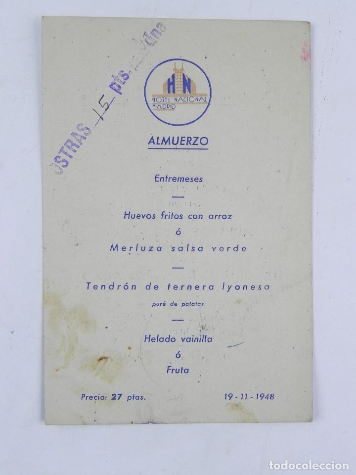 Paper Collecting Others: MENU DEL HOTEL NACIONAL MADRID, COMIDA DEL 19 DE NOVIEMBRE DE 1948 MIDE 15 X 10 CMS., VER LAS FOTOGR