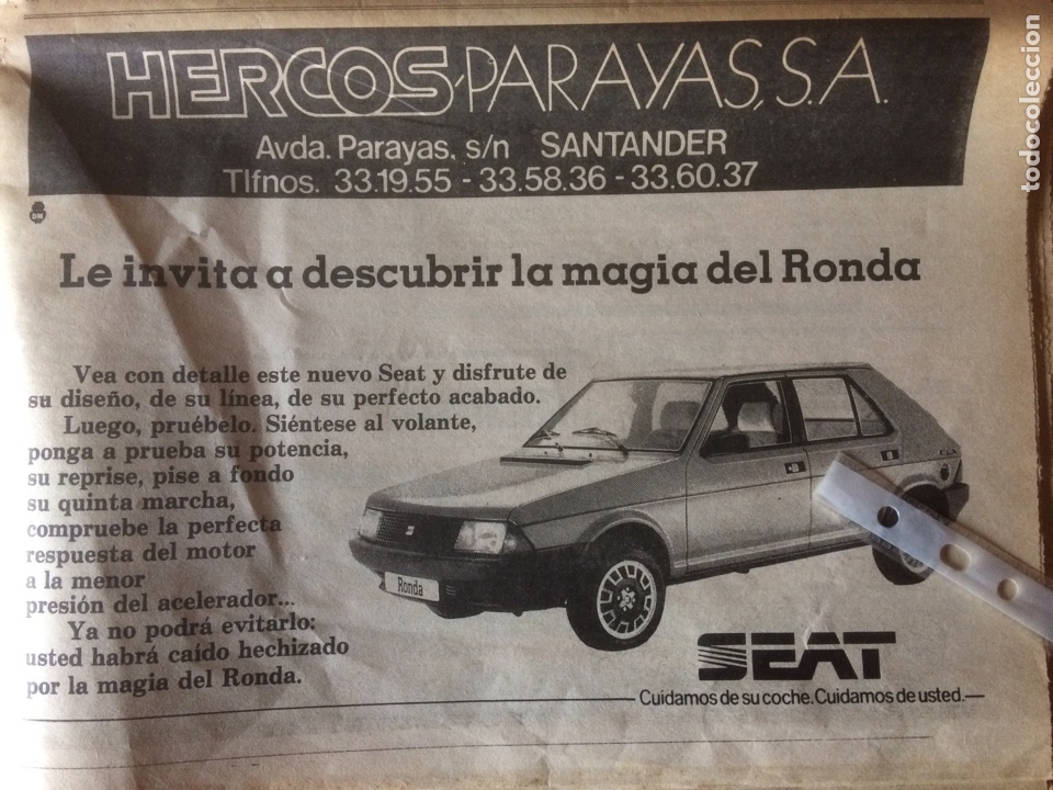Outros artigos de papel: Publicidad autom&oacute;vil Seat ronda de 1982 Santander
