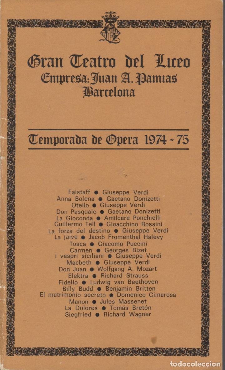 Outros artigos de papel: programa del gran teatro del liceo juan a. pamias opera 1974-75