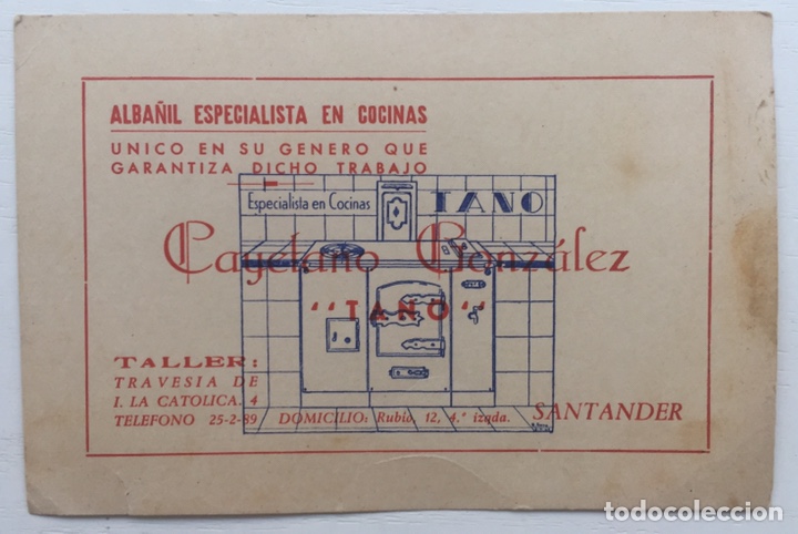 Paper Collecting Others: Tarjeta Alba&ntilde;il Especialista Cocina - Cayetano Gonz&aacute;lez - Tano - Santander (Cantabria) A&ntilde;os 70