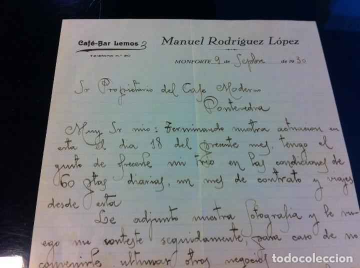 Collectionnisme Papier divers: CARTA DEL CAF&Eacute; BAR LEMOS (MANUEL RODR&Iacute;GUEZ L&Oacute;PEZ) AL CAF&Eacute; MODERNO DE PONTEVEDRA. 1930, MONFORTE.