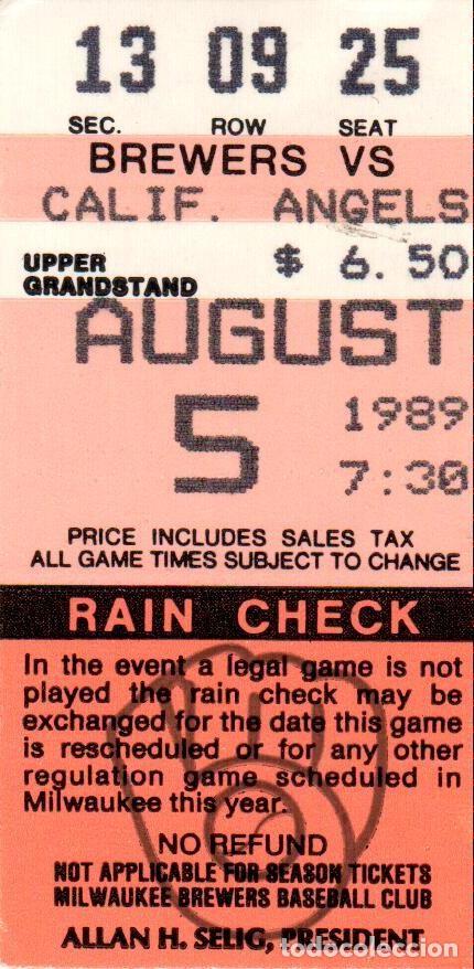 Otros Art&iacute;culos de Coleccionismo en Papel: ENTRADA A UN PARTIDO DE BASEBALL DE 1989 - MILWAUKEE BREWERS VS. CALIFORNIA ANGELS