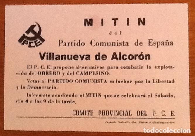 Otros art&iacute;culos de coleccionismo en papel: PCE. Octavilla mitin Partido Comunista de Espa&ntilde;a en Villanueva de Alcoron,,Guadalajara. 1977