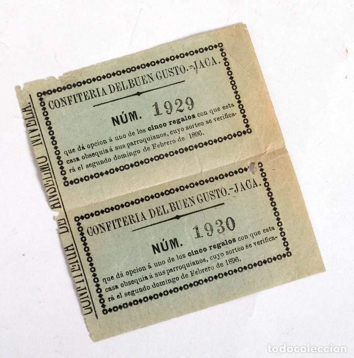 Otros Art&iacute;culos de Coleccionismo en Papel: 2 extraordinarias papeletas de sorteo. Confiter&iacute;a del Buen Gusto de Jaca. 1896