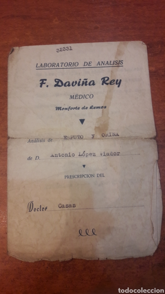 Outros artigos de papel: Laboratorio de analisis F.Davi&ntilde;a Rey Medico Monforte de Lemos 1957
