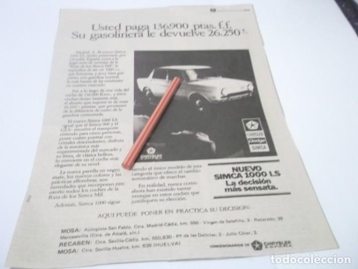 Otros Art&iacute;culos de Coleccionismo en Papel: RECORTE PUBLICIDAD A&Ntilde;OS 70/80 - AUTOMOVIL NUEVO SIMCA 1000 LS - CHRYSLER ESPA&Ntilde;A