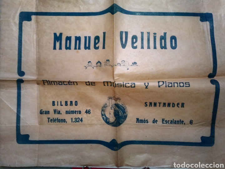 Otros Art&iacute;culos de Coleccionismo en Papel: MANUEL VELLIDO. ALMACEN DE MUSICA Y PIANOS. BILBAO. SANTANDER. PAPEL PUBLICITARIO.