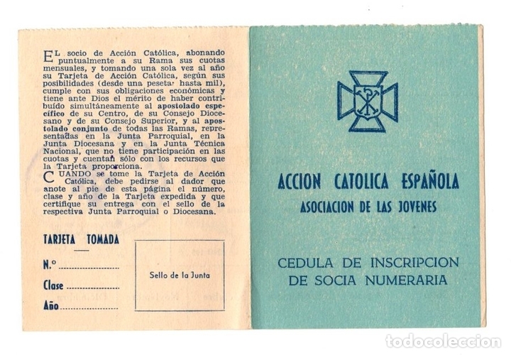 Paper Collecting Others: CEDULA INSCRIPCION ACCION CATOLICA ESPA&Ntilde;OLA. PARROQUIA S. ROMAN Y STA. CATALINA, SEVILLA. 1959