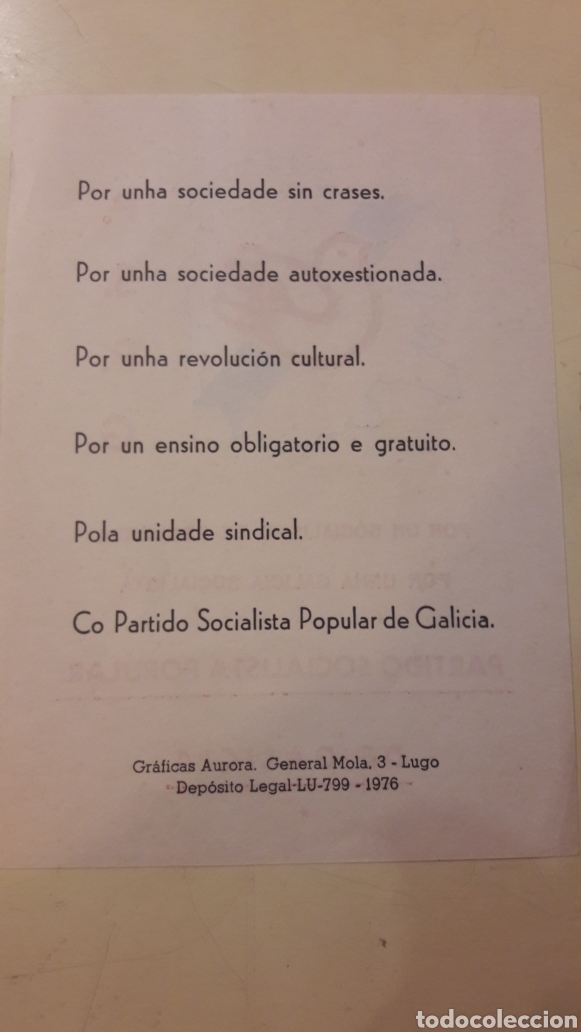 Collectionnisme Papier divers: P.S.P.G.partido socislista de Galicia Lugo graficas Aurora 1976