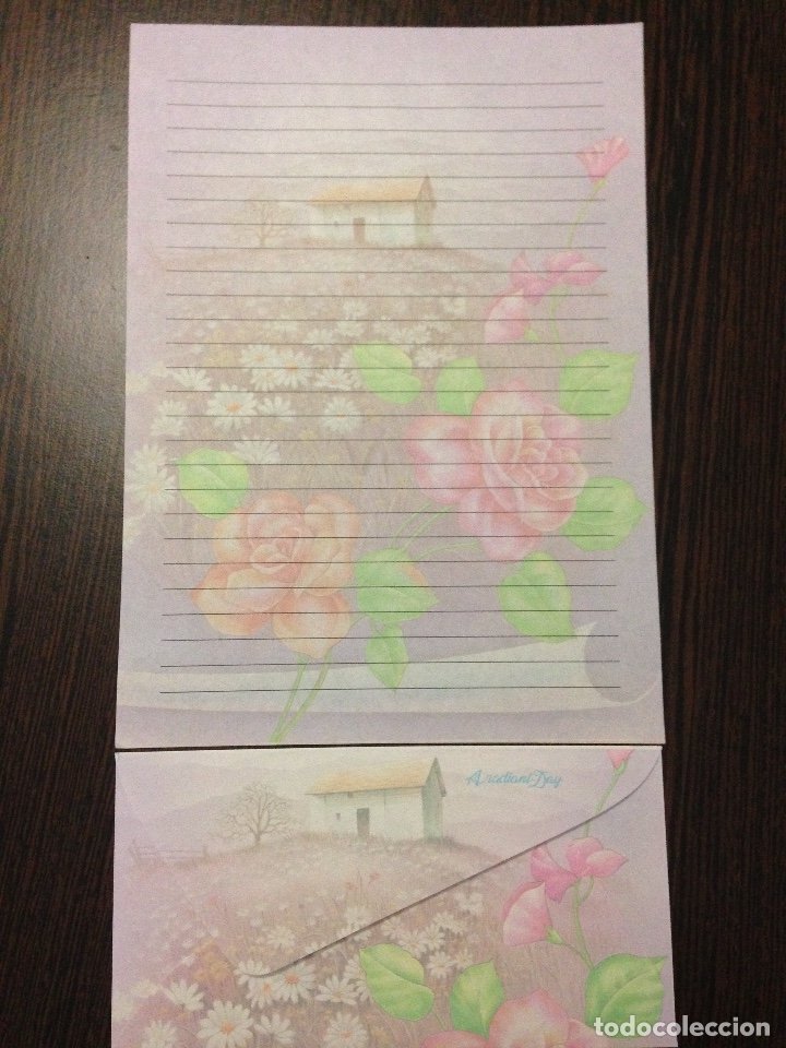 cartas perfumadas - conjunto de hoja y sobre - flores casita morada shinn  jee 361