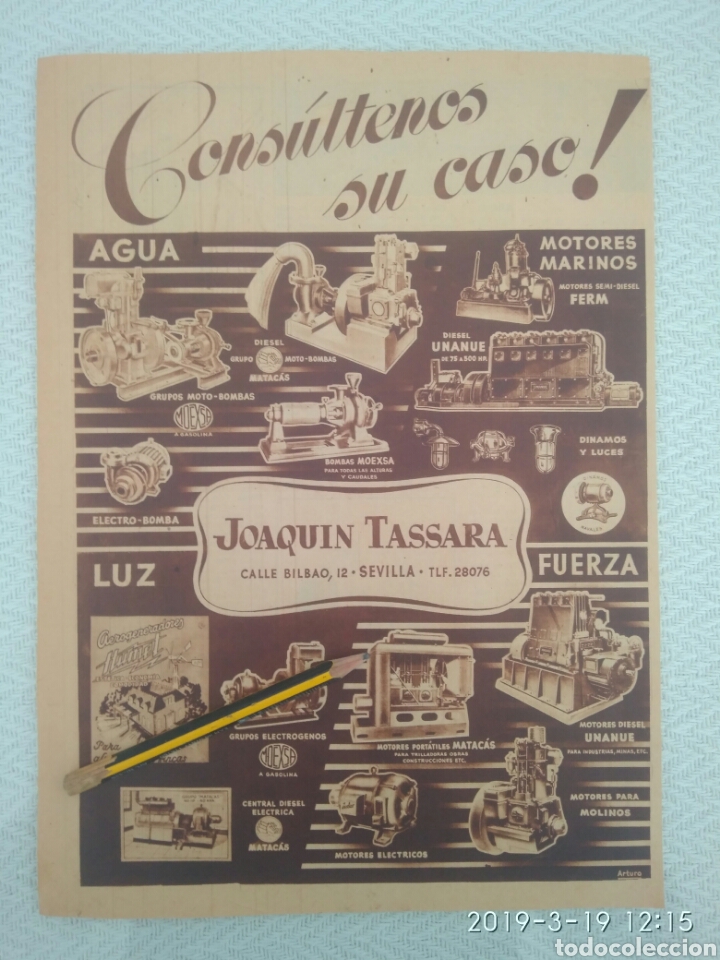 Otros Art&iacute;culos de Coleccionismo en Papel: ANTIGUO RECORTE PUBLICIDAD ANUNCIO MOTORES MARINO JOAQUIN TASSARA.RI3